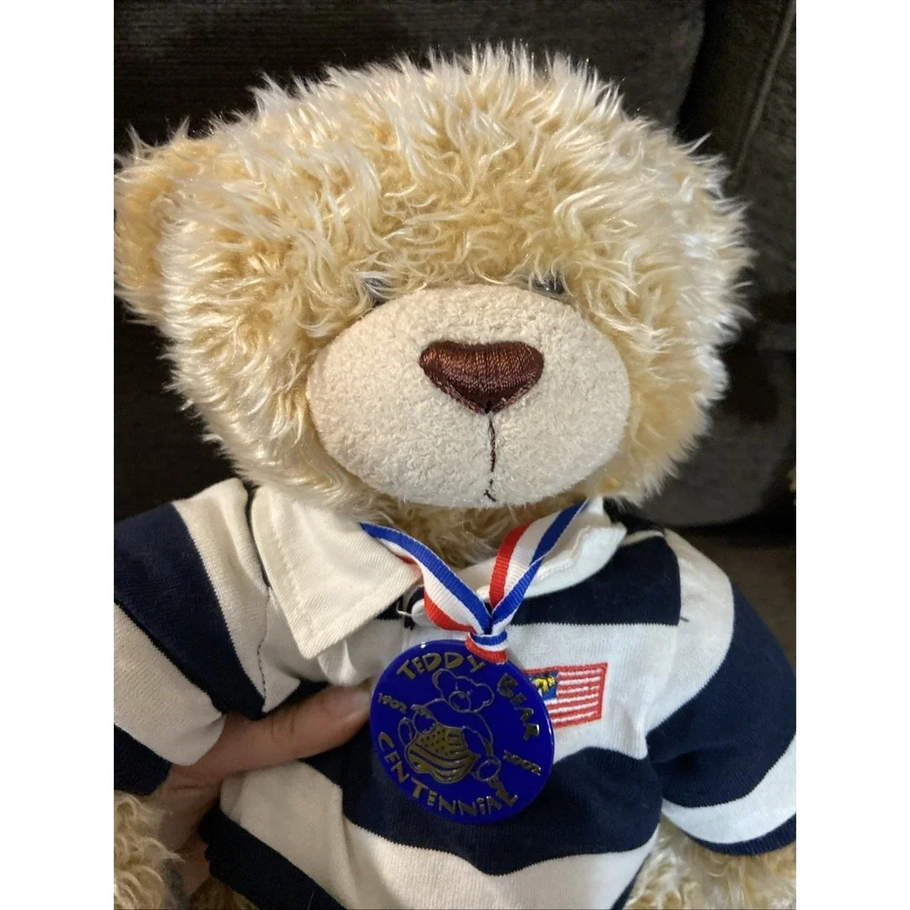 Build A Bear Cream Colored Bear With Blue And White Shirt and Centennial 17 🧸